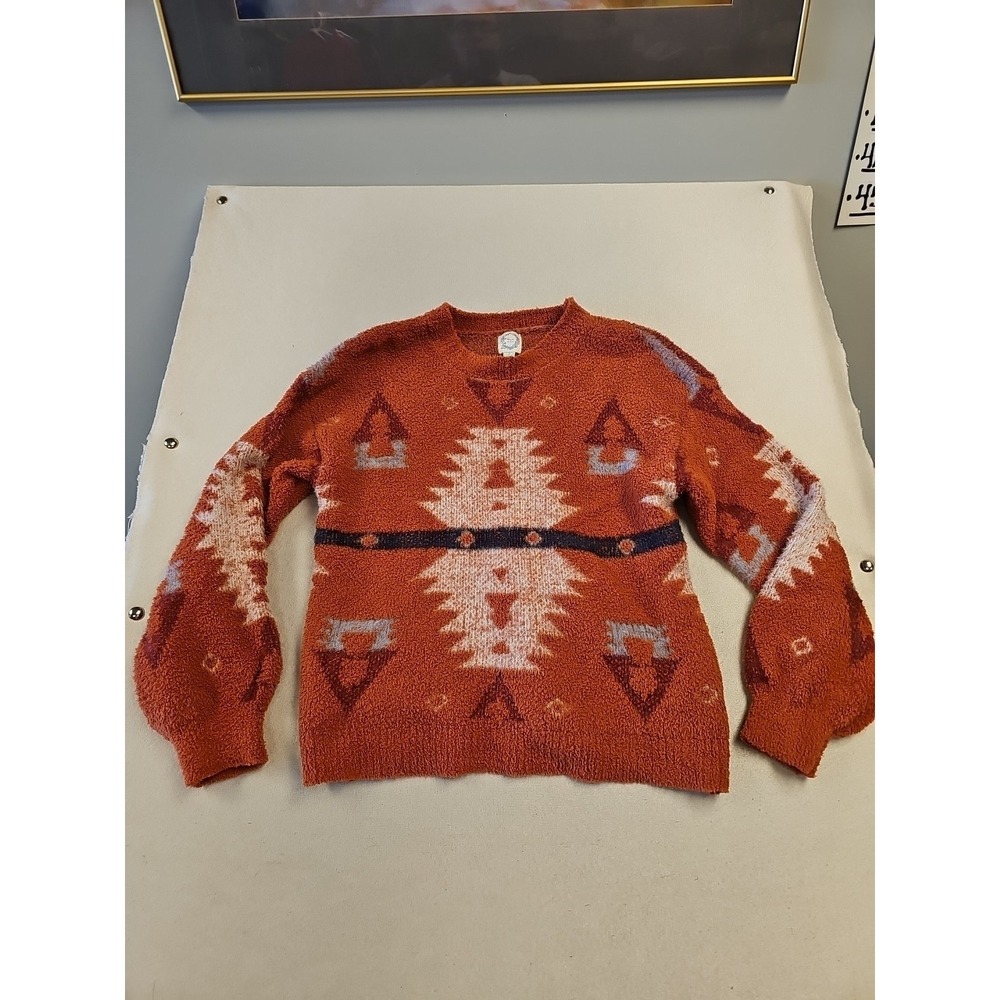 Blue Rain Rust Orange Southwestern Geometric Fuzzy Popcorn Knit Sweater Small
